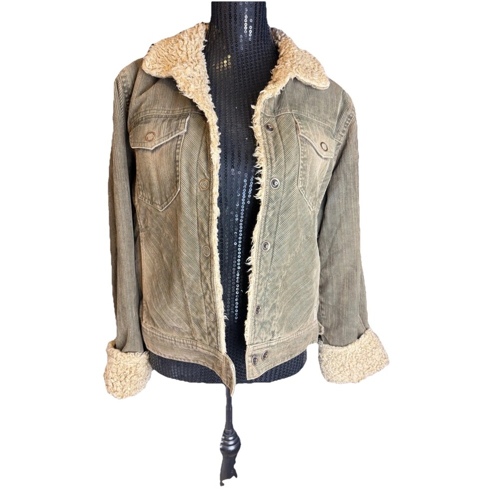 American Eagle Brown Corduroy Sherpa Lined Trucker Olive Green Jacket Y2K Womens